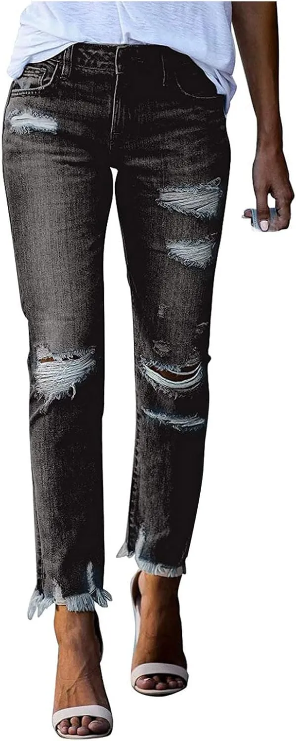 Women's Vintage Distressed Raw Hem Washed Boyfriend Jeans Destroyed Straight Leg Washed Denim Pants Long Pants