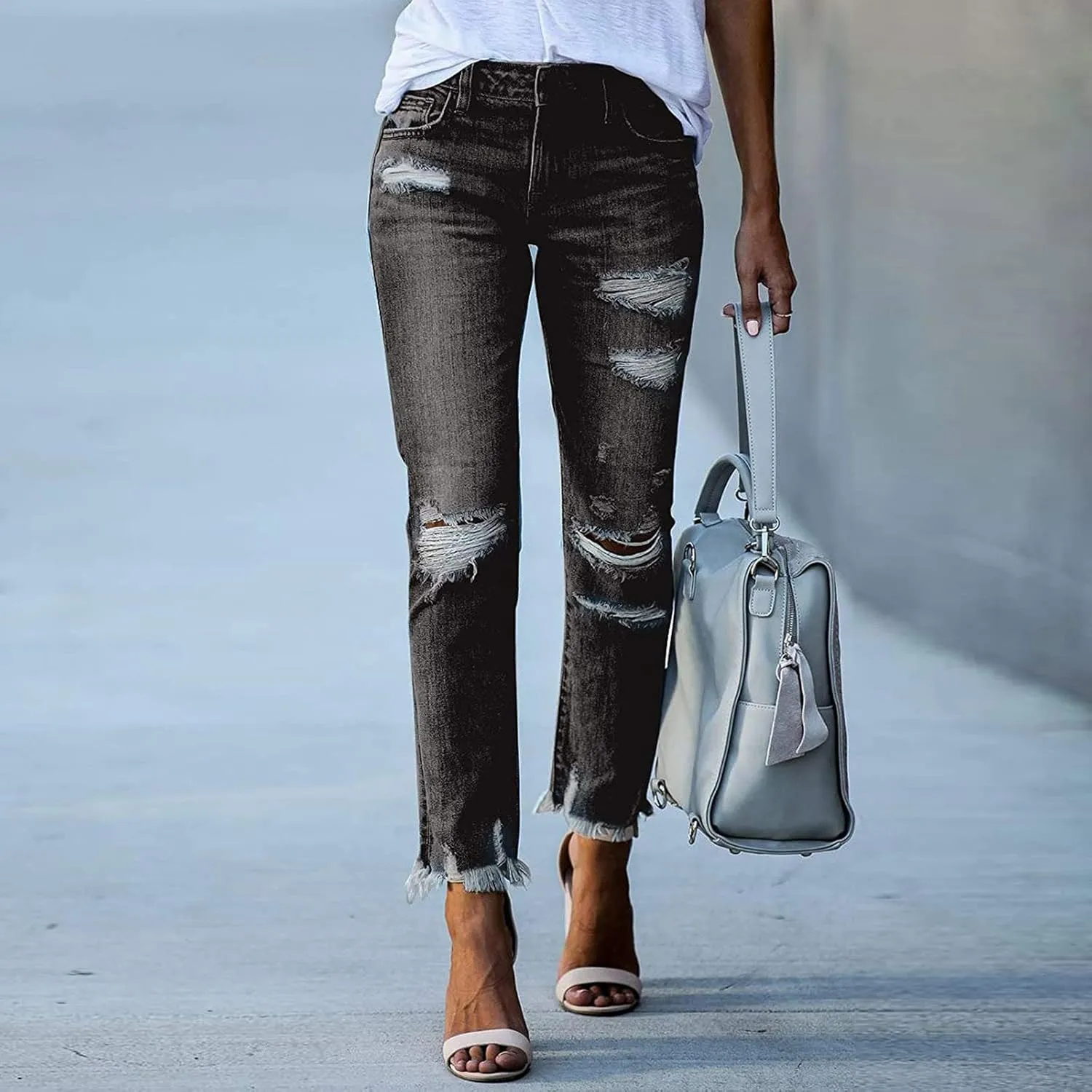Women's Vintage Distressed Raw Hem Washed Boyfriend Jeans Destroyed Straight Leg Washed Denim Pants Long Pants