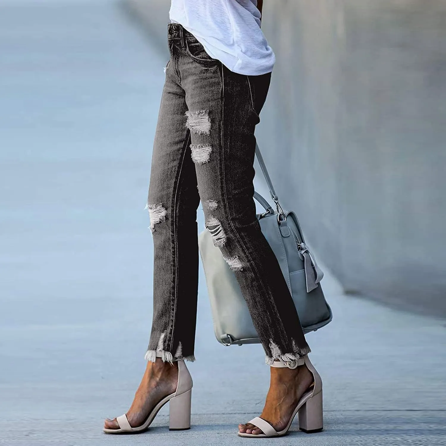 Women's Vintage Distressed Raw Hem Washed Boyfriend Jeans Destroyed Straight Leg Washed Denim Pants Long Pants