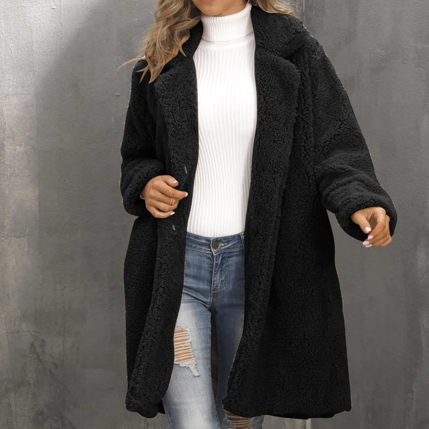 Womens Winter Coats Plus Size Long Sherpa Jackets Casual Plus Size Open Front Cardigan Notch Lapel Fleece Fuzzy Jackets