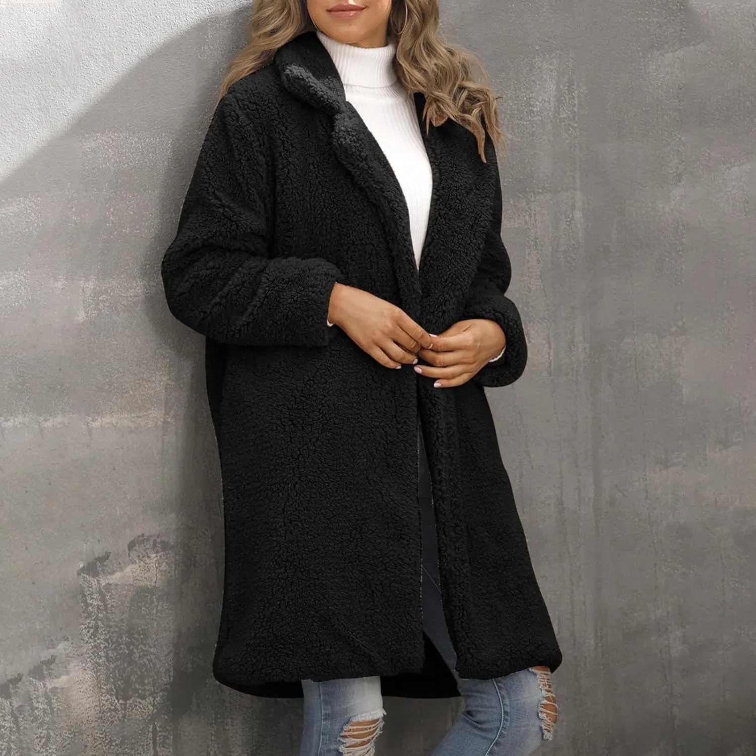 Womens Winter Coats Plus Size Long Sherpa Jackets Casual Plus Size Open Front Cardigan Notch Lapel Fleece Fuzzy Jackets