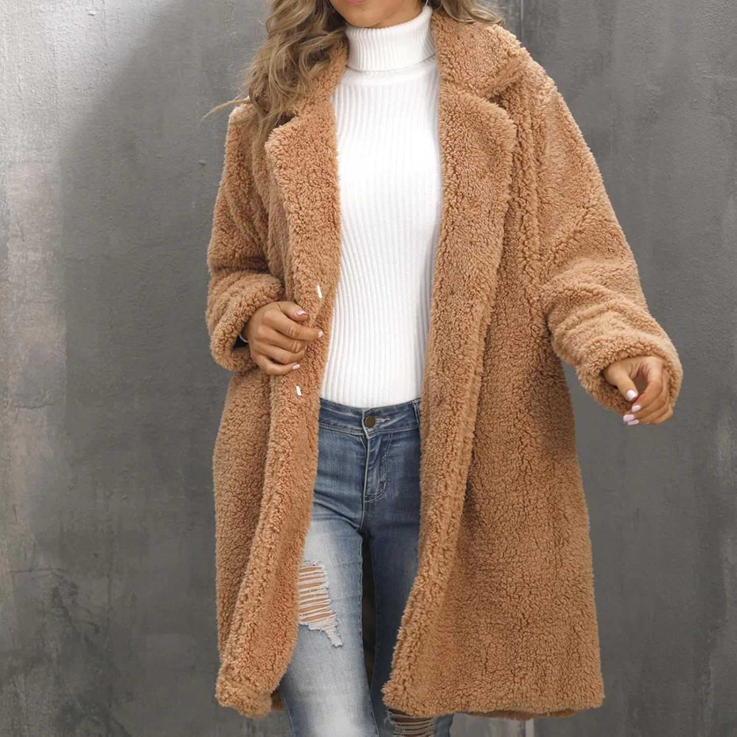Womens Winter Coats Plus Size Long Sherpa Jackets Casual Plus Size Open Front Cardigan Notch Lapel Fleece Fuzzy Jackets