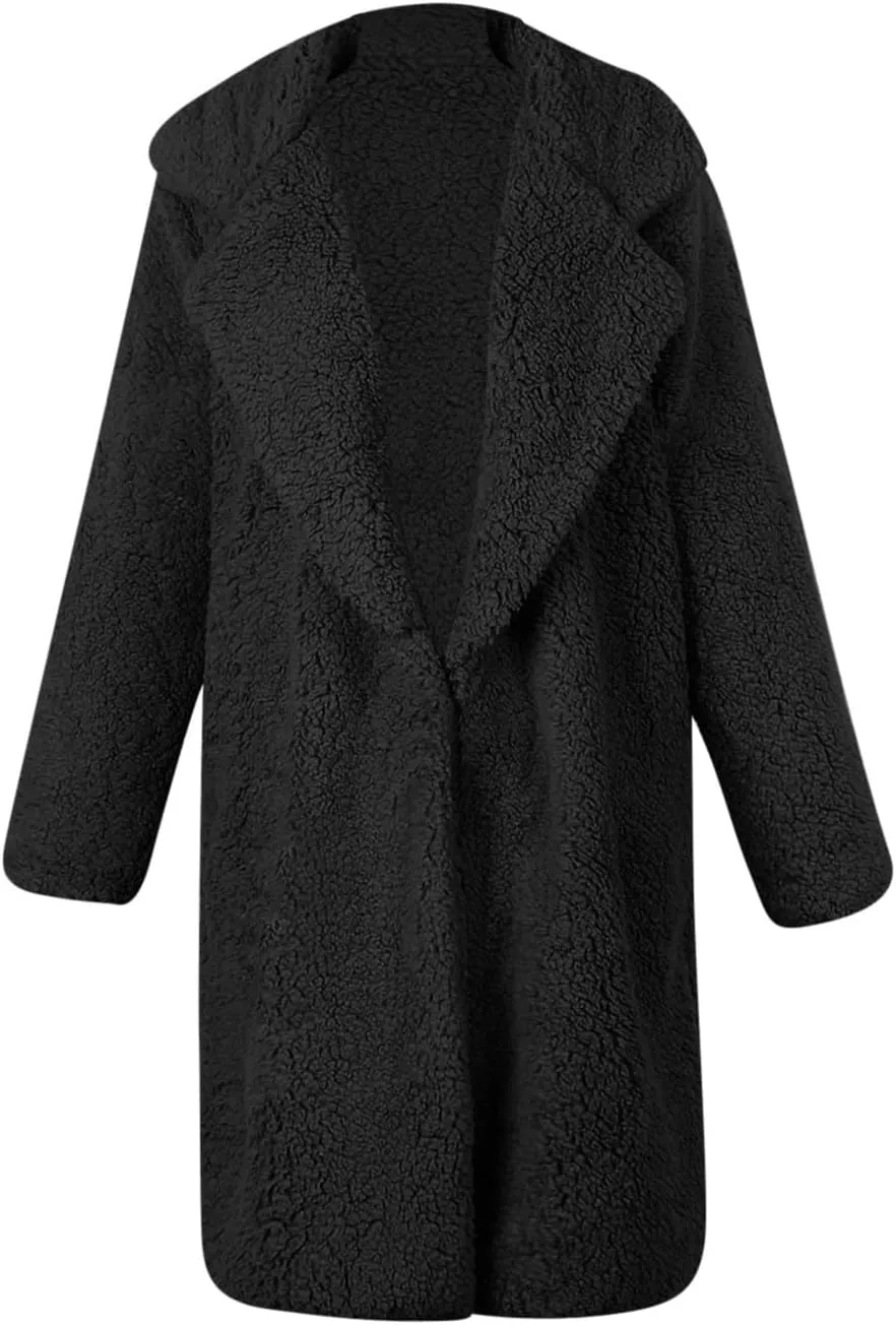 Womens Winter Coats Plus Size Long Sherpa Jackets Casual Plus Size Open Front Cardigan Notch Lapel Fleece Fuzzy Jackets