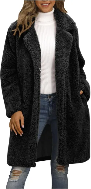 Womens Winter Coats Plus Size Long Sherpa Jackets Casual Plus Size Open Front Cardigan Notch Lapel Fleece Fuzzy Jackets