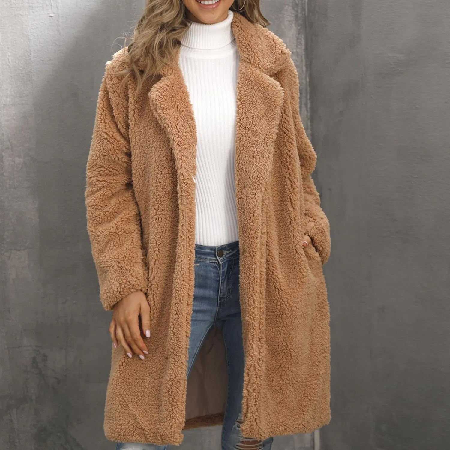 Womens Winter Coats Plus Size Long Sherpa Jackets Casual Plus Size Open Front Cardigan Notch Lapel Fleece Fuzzy Jackets
