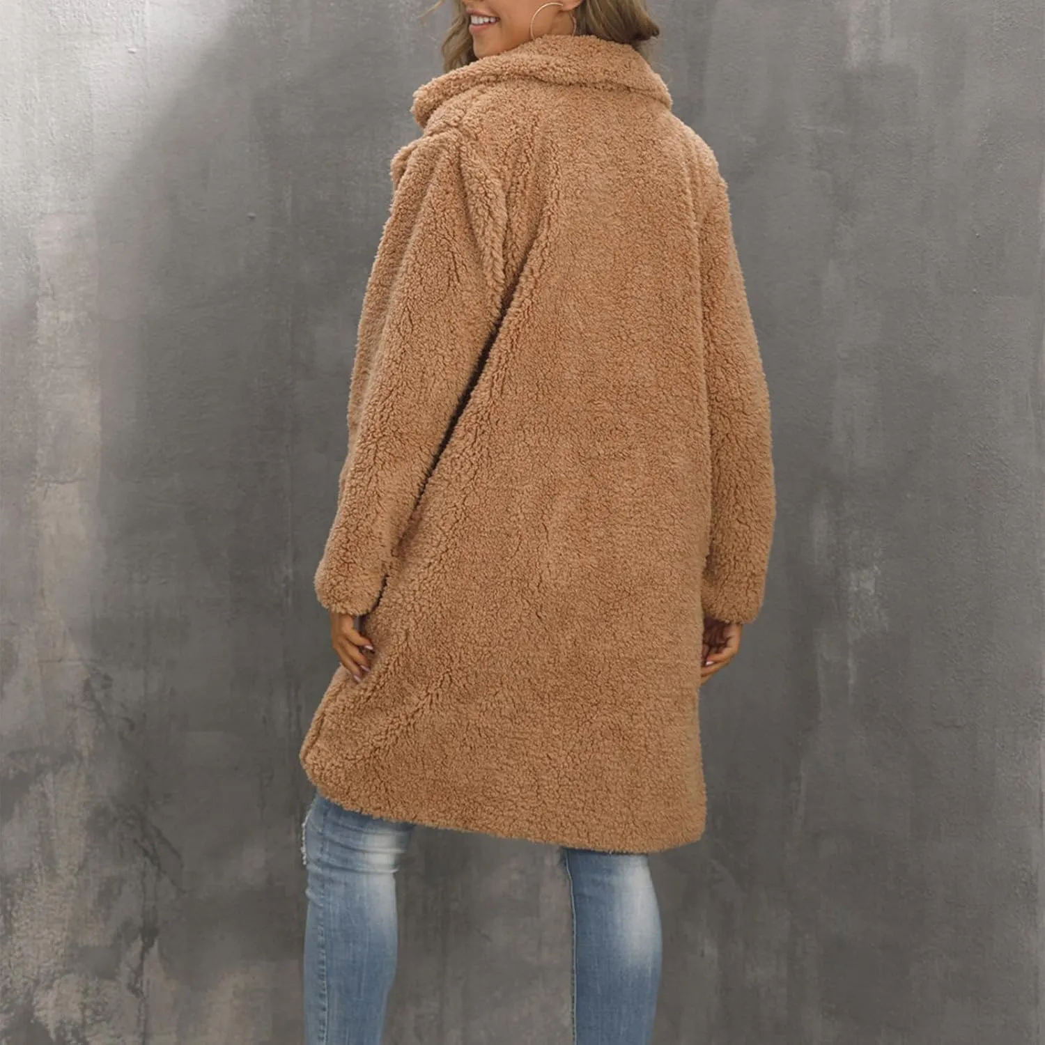 Womens Winter Coats Plus Size Long Sherpa Jackets Casual Plus Size Open Front Cardigan Notch Lapel Fleece Fuzzy Jackets