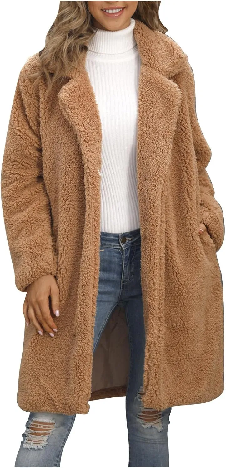 Womens Winter Coats Plus Size Long Sherpa Jackets Casual Plus Size Open Front Cardigan Notch Lapel Fleece Fuzzy Jackets