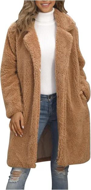 Womens Winter Coats Plus Size Long Sherpa Jackets Casual Plus Size Open Front Cardigan Notch Lapel Fleece Fuzzy Jackets