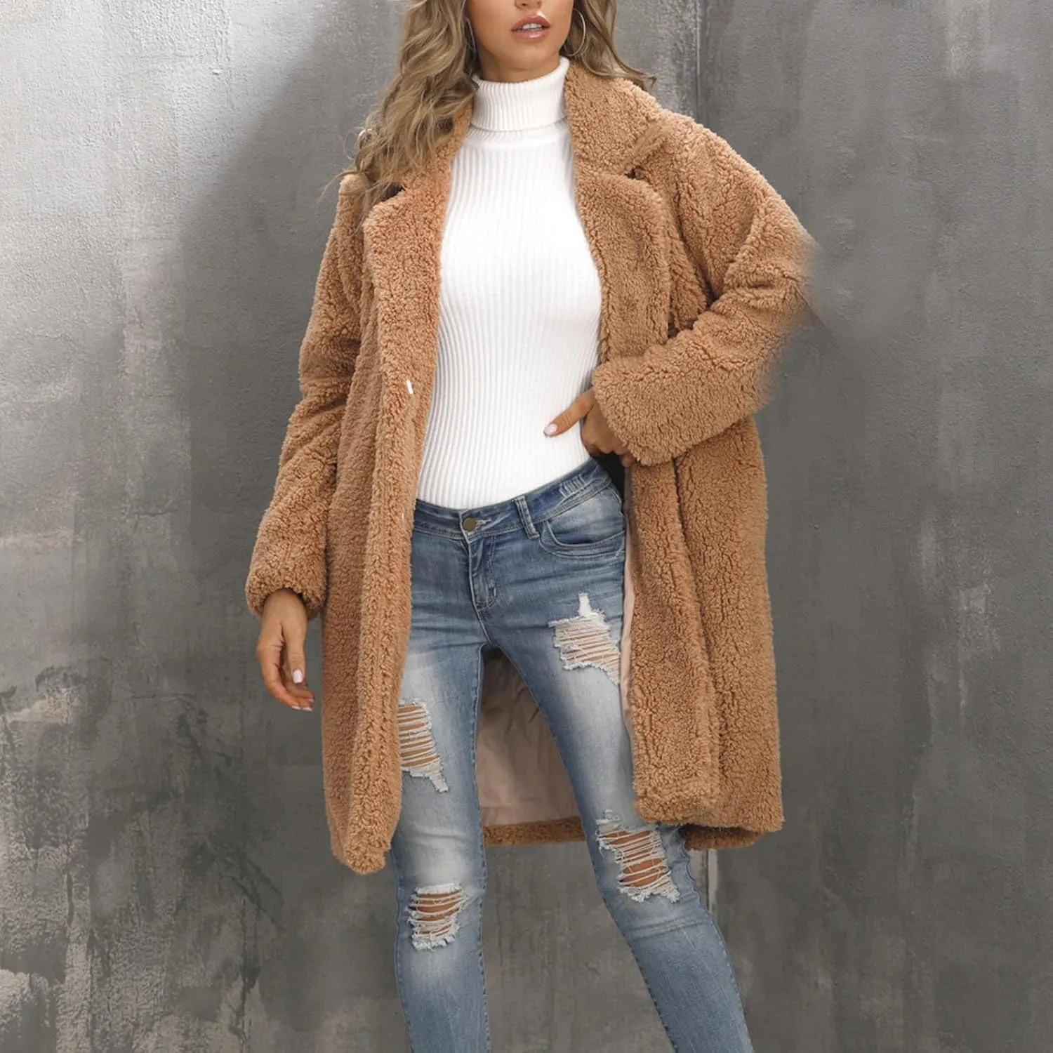 Womens Winter Coats Plus Size Long Sherpa Jackets Casual Plus Size Open Front Cardigan Notch Lapel Fleece Fuzzy Jackets