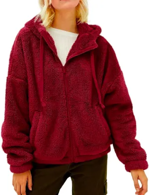 Womens Winter Fashion Sherpa Jacket Fleece Warm Drawstring Hoodie Outwear Zip Pockets Plush Sweatshirt Thick Fuzzy Coat