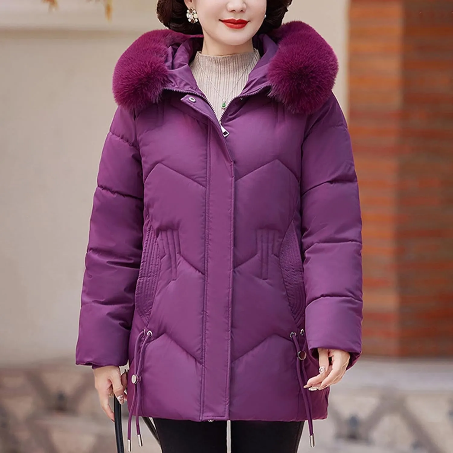 Women's Winter Puffer Coats Long Sleeve Thickened Warm Quilted Jackets Chunky Warm Padded Down Jackets With Fur Hood