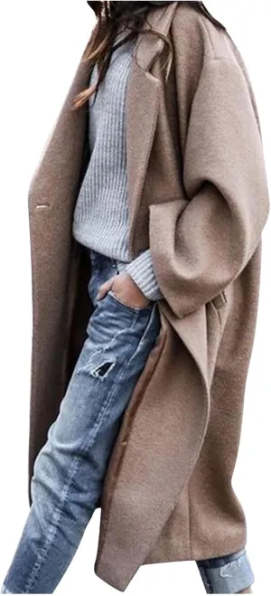 Womens Wool Blend Winter Jackets One Button Notched Lapel Open Front Cardigan Overcoat Peacoat Long Trench Coat Outwear