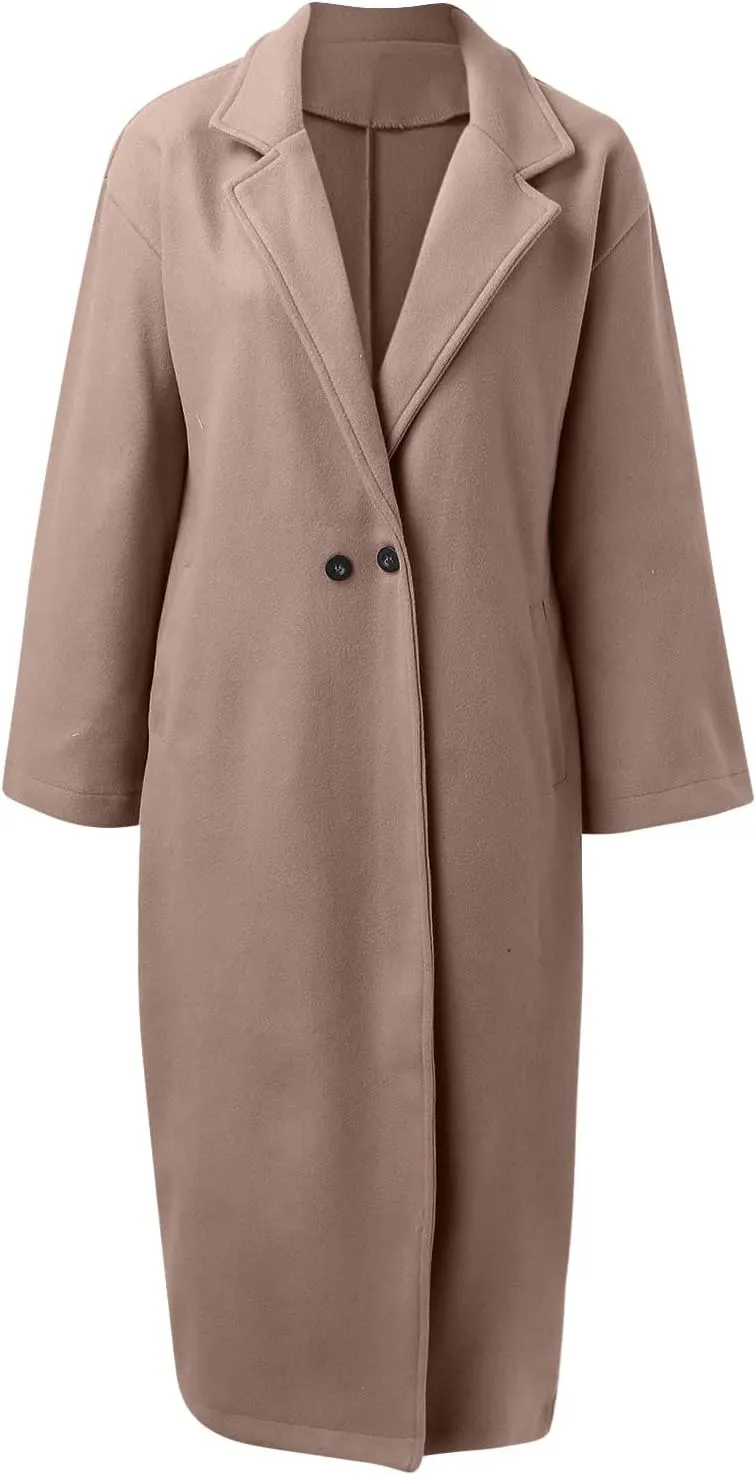 Womens Wool Blend Winter Jackets One Button Notched Lapel Open Front Cardigan Overcoat Peacoat Long Trench Coat Outwear