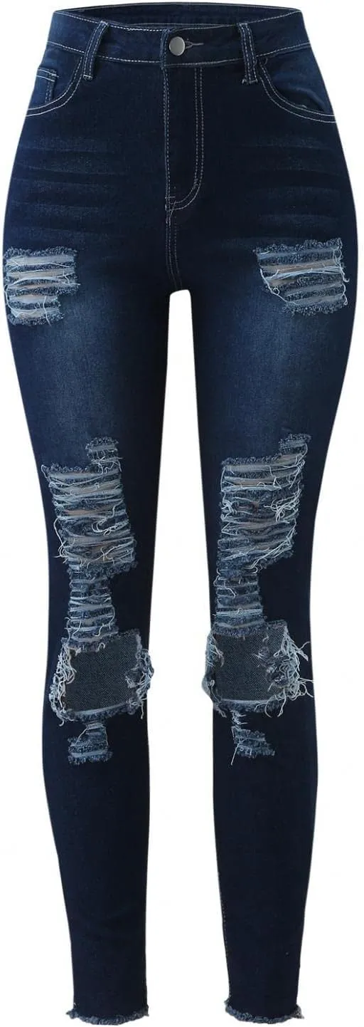 WUAI-Women High Waisted Stretch Ripped Skinny Jeans Plus Size Boyfriend Distressed High Rise Slim Fit Denim Pants Trousers