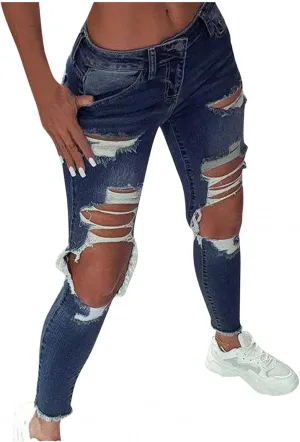 WUAI-Women High Waisted Stretch Ripped Skinny Jeans Plus Size Boyfriend Distressed High Rise Slim Fit Denim Pants Trousers