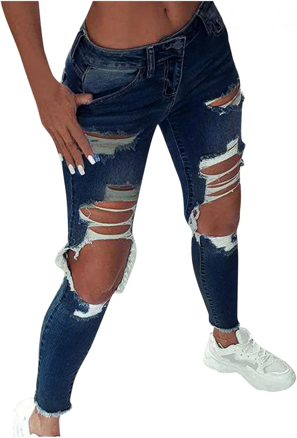 WUAI-Women High Waisted Stretch Ripped Skinny Jeans Plus Size Boyfriend Distressed High Rise Slim Fit Denim Pants Trousers