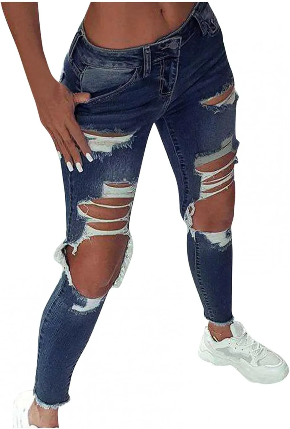 WUAI-Women High Waisted Stretch Ripped Skinny Jeans Plus Size Boyfriend Distressed High Rise Slim Fit Denim Pants Trousers