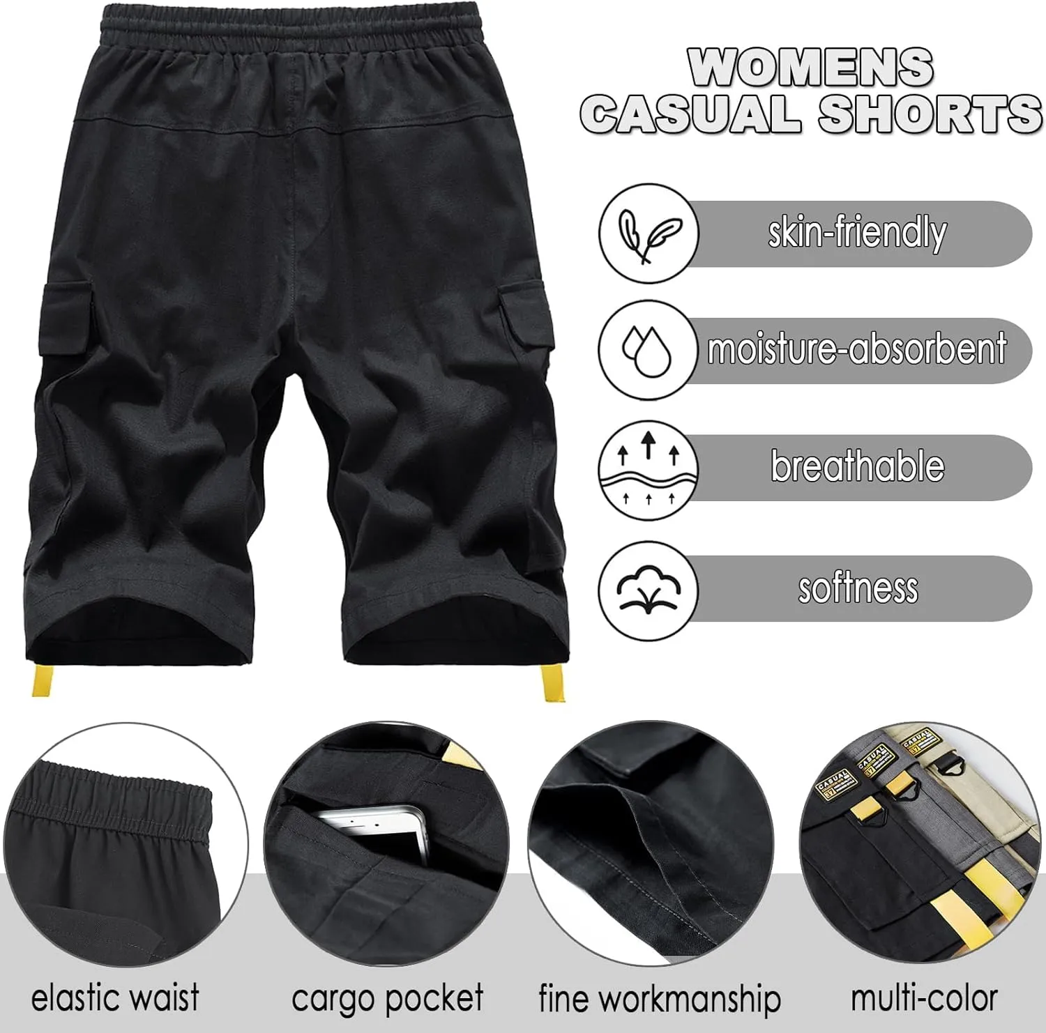 XinYangNi Men's Cargo Shorts Elastic Waist Relaxed Fit Cotton Casual Outdoor Lightweight Work Shorts Multi-Pockets