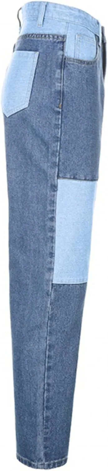 xxxiticat Women's Color Block Jeans High Waist Tie Dye Colorblock Patchwork Straight Leg Denim Pants Loose Trouser