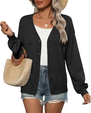 Zeagoo 2025 Womens Cardigan Casual Long Sleeve Lightweight Crochet Shrug V Neck Tops Button Down Soft Knit Sweater