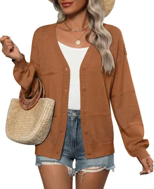 Zeagoo 2025 Womens Cardigan Casual Long Sleeve Lightweight Crochet Shrug V Neck Tops Button Down Soft Knit Sweater