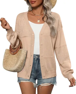 Zeagoo 2025 Womens Cardigan Casual Long Sleeve Lightweight Crochet Shrug V Neck Tops Button Down Soft Knit Sweater