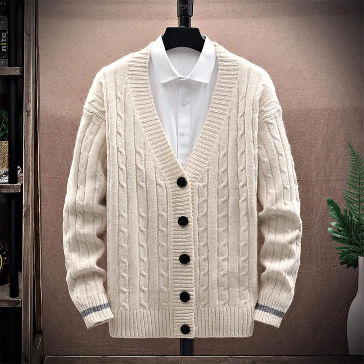 Zeiyignr Mens Cable Knit Cardigan Sweater V Neck Loose Fit Button Down Sweaters Coats Long Sleeve Casual Cardigans Jackets