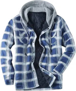 ZWRXW Mens Plaid Shirts Jackets Hooded Lapel Quilted Lined Button Down Casual Padded Warm Winter Coat With Pocket