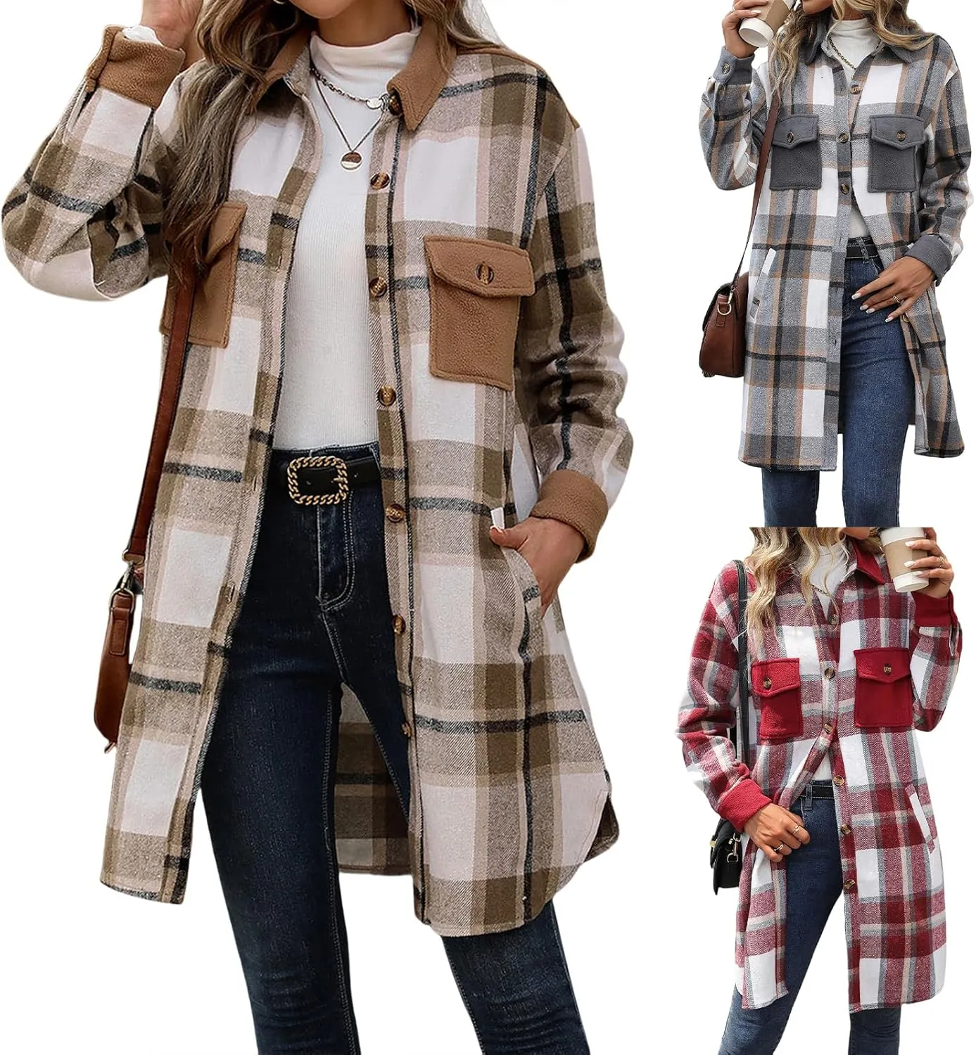 ZWRXW Plaid Shacket Jacket for Women Button Down Long Shirt Jackets Casual Wool Blend Tartan Trench Coats with Pockets