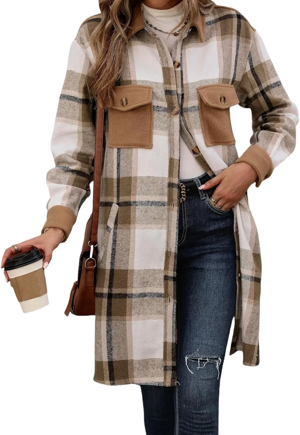 ZWRXW Plaid Shacket Jacket for Women Button Down Long Shirt Jackets Casual Wool Blend Tartan Trench Coats with Pockets