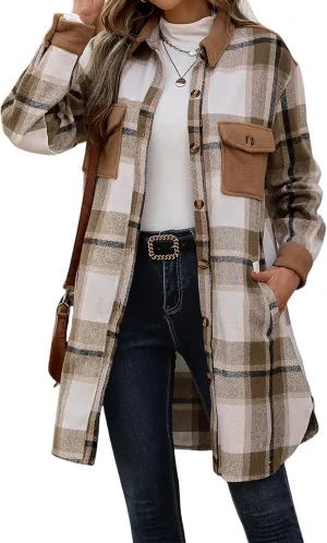 ZWRXW Plaid Shacket Jacket for Women Button Down Long Shirt Jackets Casual Wool Blend Tartan Trench Coats with Pockets