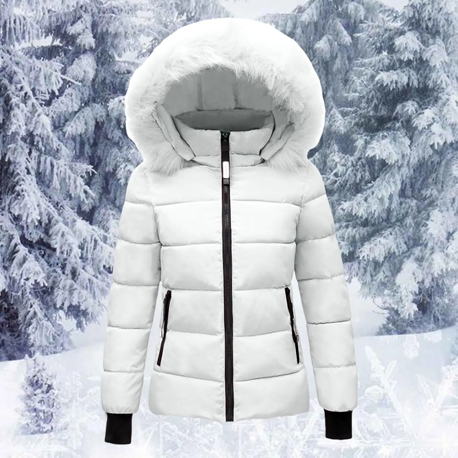 ZWRXW Winter Windproof Down Coats for Women Thicken Warm Padded Windbreaker Outwear Quilted Puffer Jacket Coats with Fur Hood